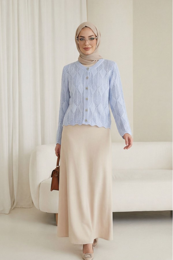 Leaf Patterned Openwork Knit Cardigan  -Ice Blue