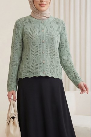 Yaprak Desenli Ajurlu Triko Hırka  -Mint