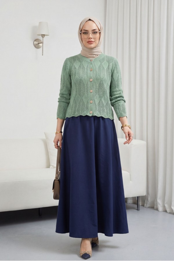 Leaf Patterned Openwork Knit Cardigan  -Mint Color
