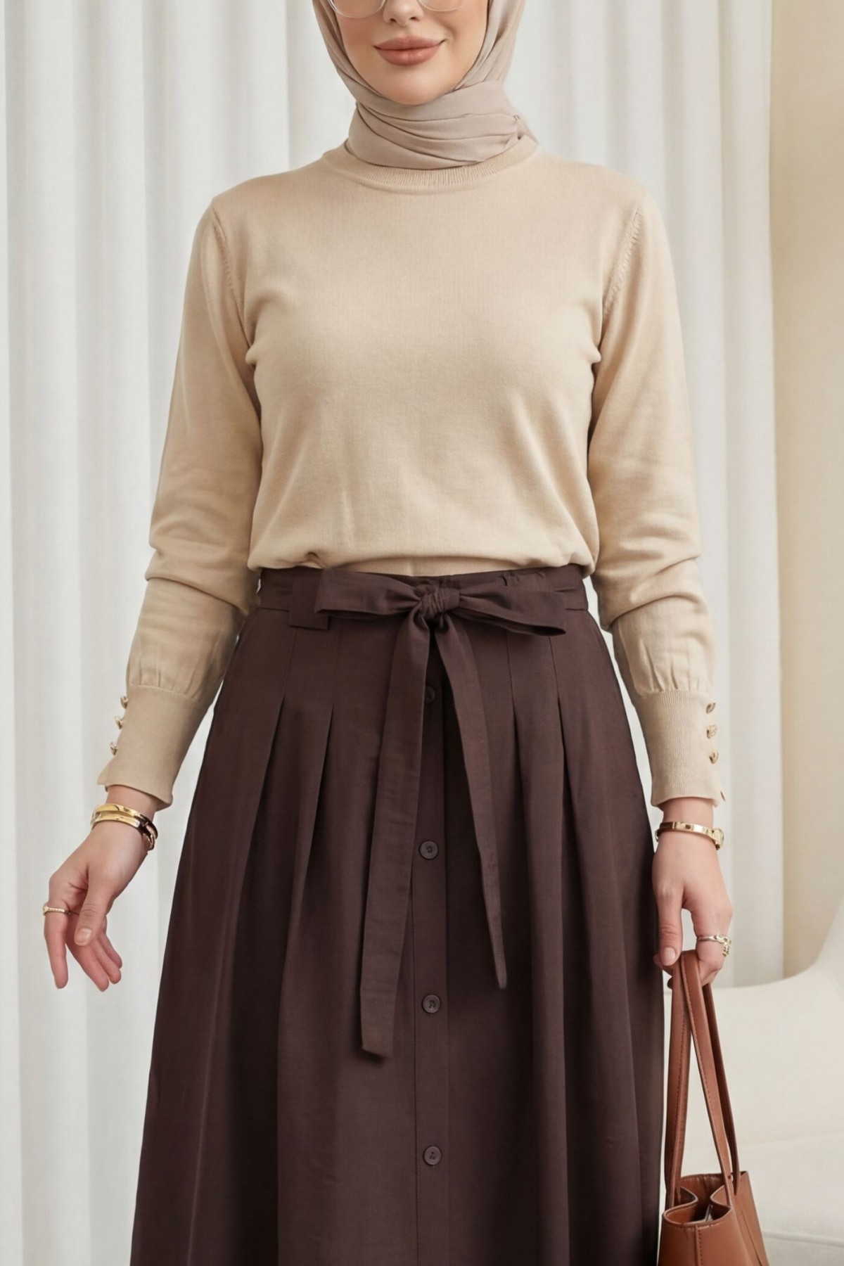 Round Neck Knitted Tunic with Button Detail on Sleeves  -Light Mink