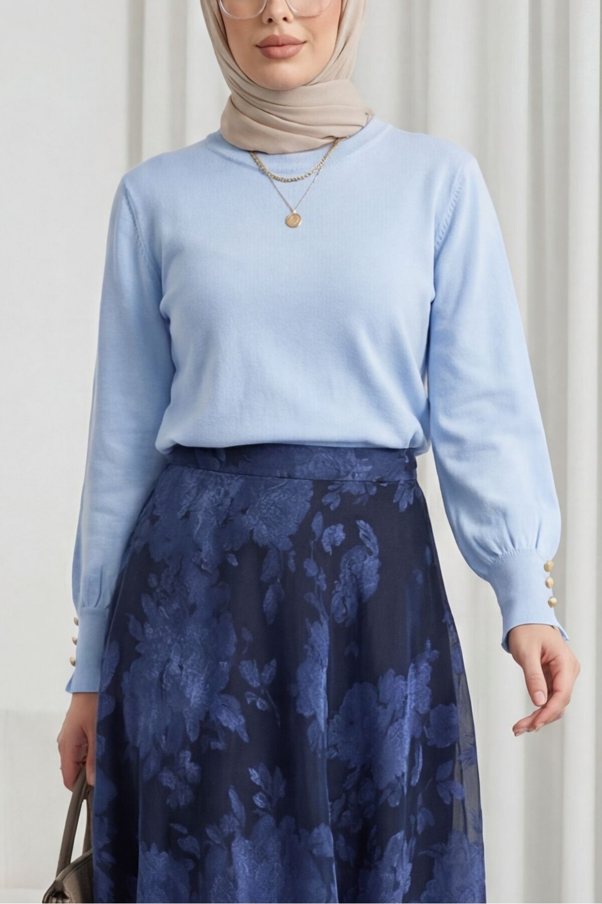 Round Neck Knitted Tunic with Button Detail on Sleeves  -Baby Blue