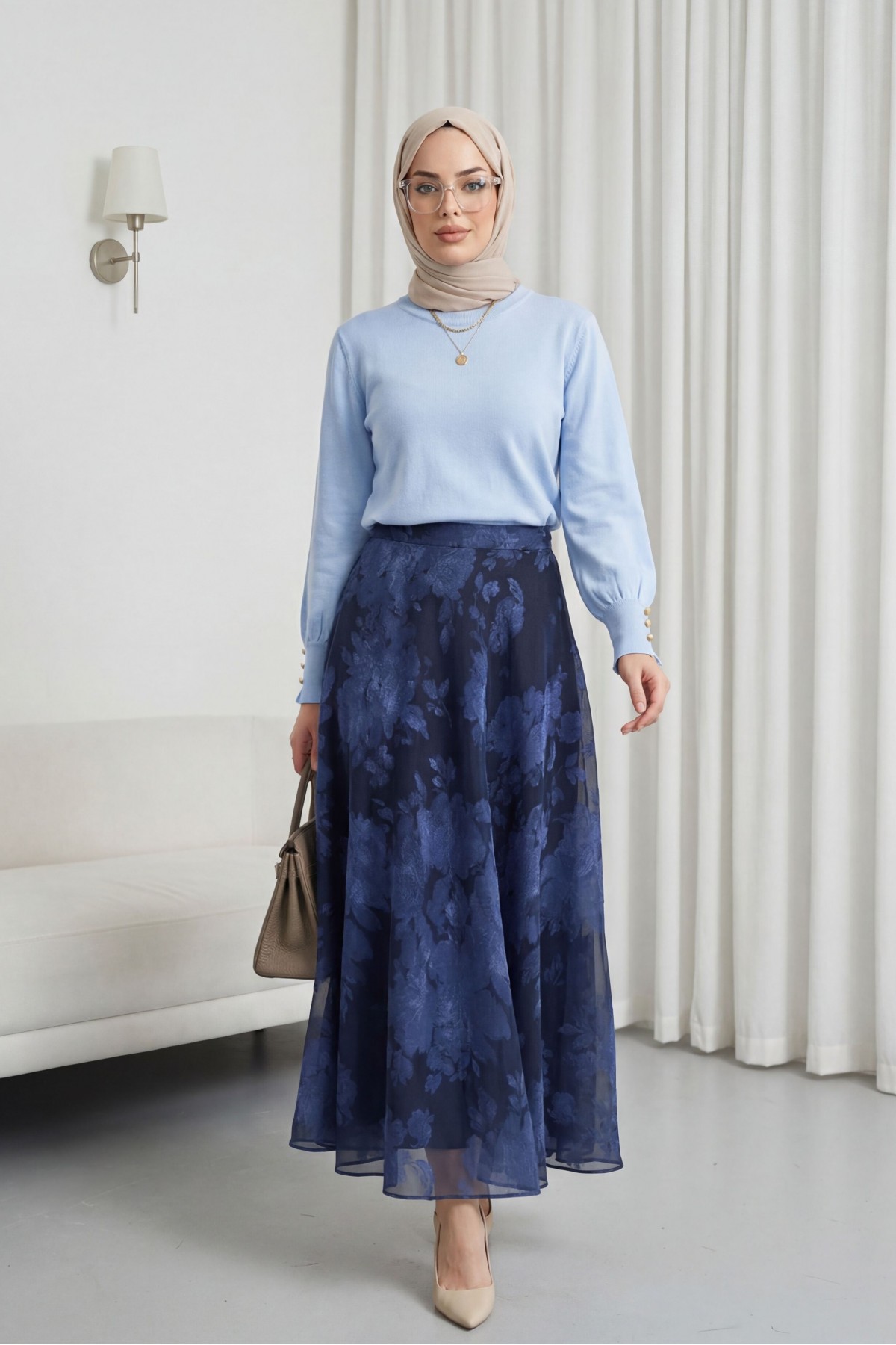 Round Neck Knitted Tunic with Button Detail on Sleeves  -Baby Blue
