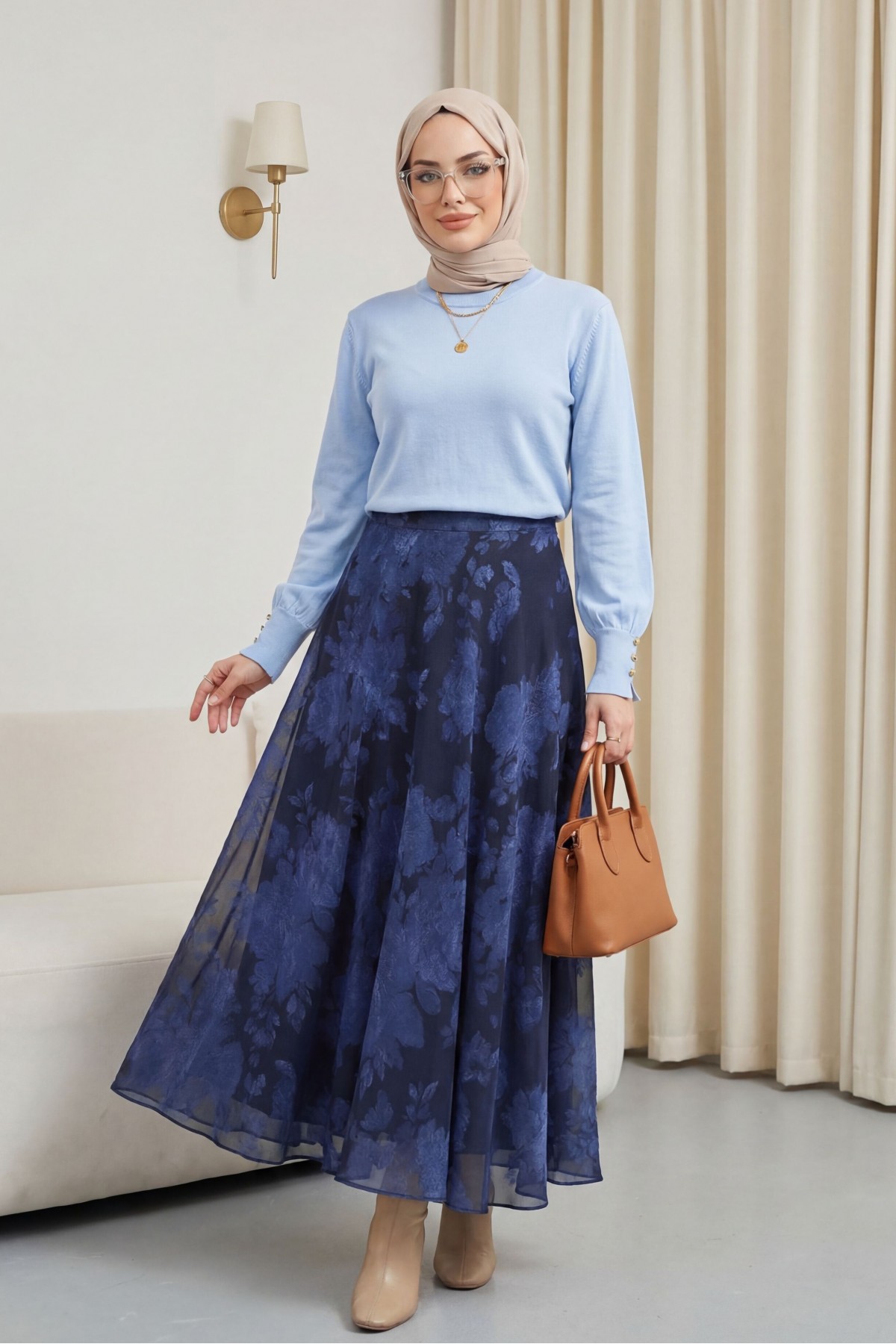 Round Neck Knitted Tunic with Button Detail on Sleeves  -Baby Blue