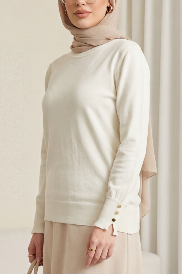 Round Neck Knitted Tunic with Button Detail on Sleeves  -Ecru