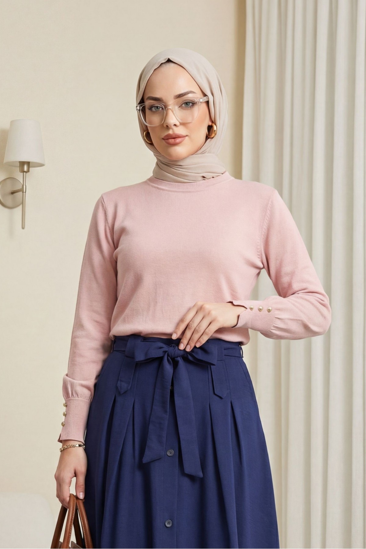 Round Neck Knitted Tunic with Button Detail on Sleeves  -Powder