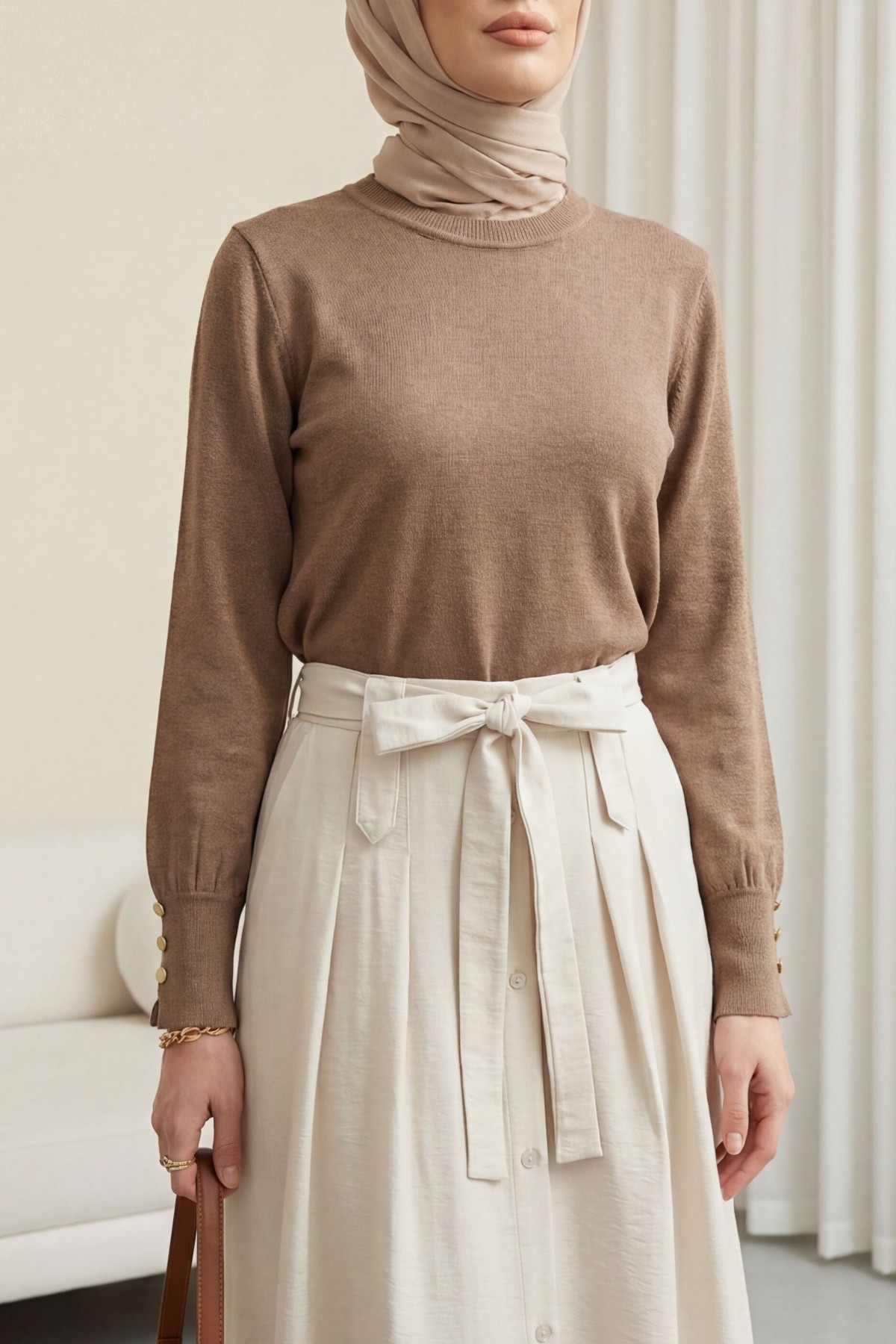 Round Neck Knitted Tunic with Button Detail on Sleeves  -Mink color