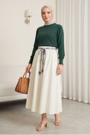 Yuvarlak Yaka Kolu Düğme Detaylı Triko Tunik   -Zümrüt