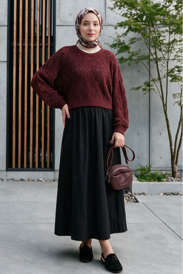 Round Neck Batwing Sleeve Openwork Knit Sweater -Maroon