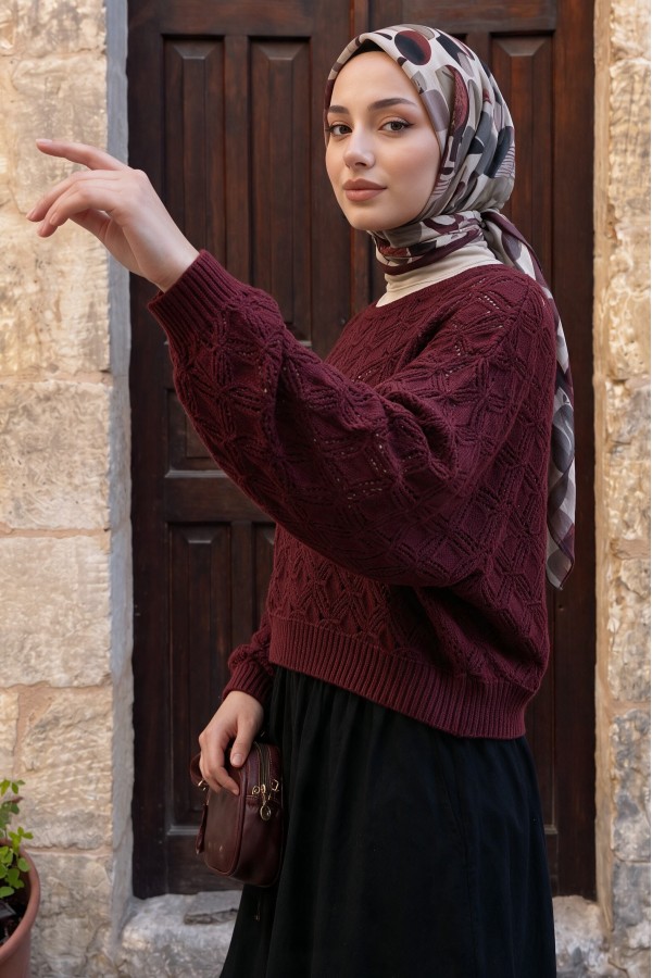 Round Neck Batwing Sleeve Openwork Knit Sweater -Maroon