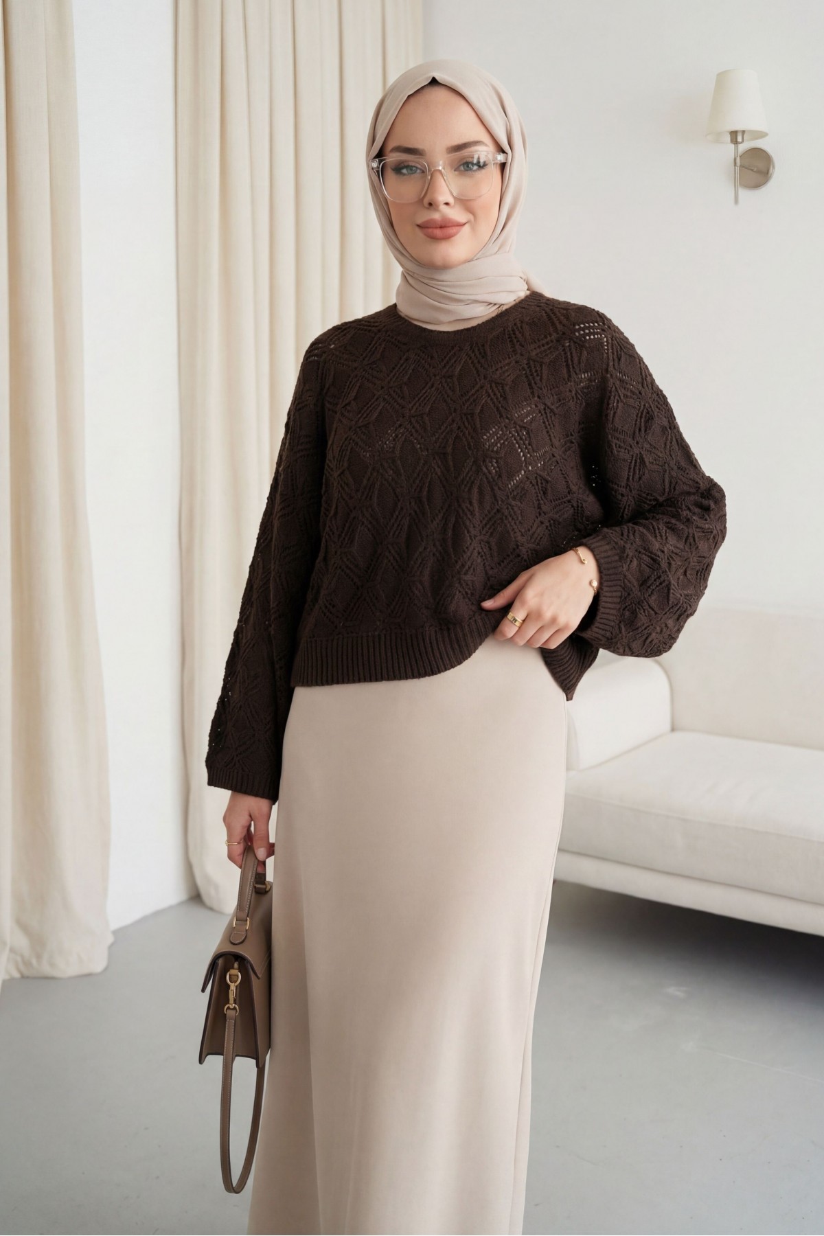 Round Neck Batwing Sleeve Openwork Knit Sweater -Dark Coffee
