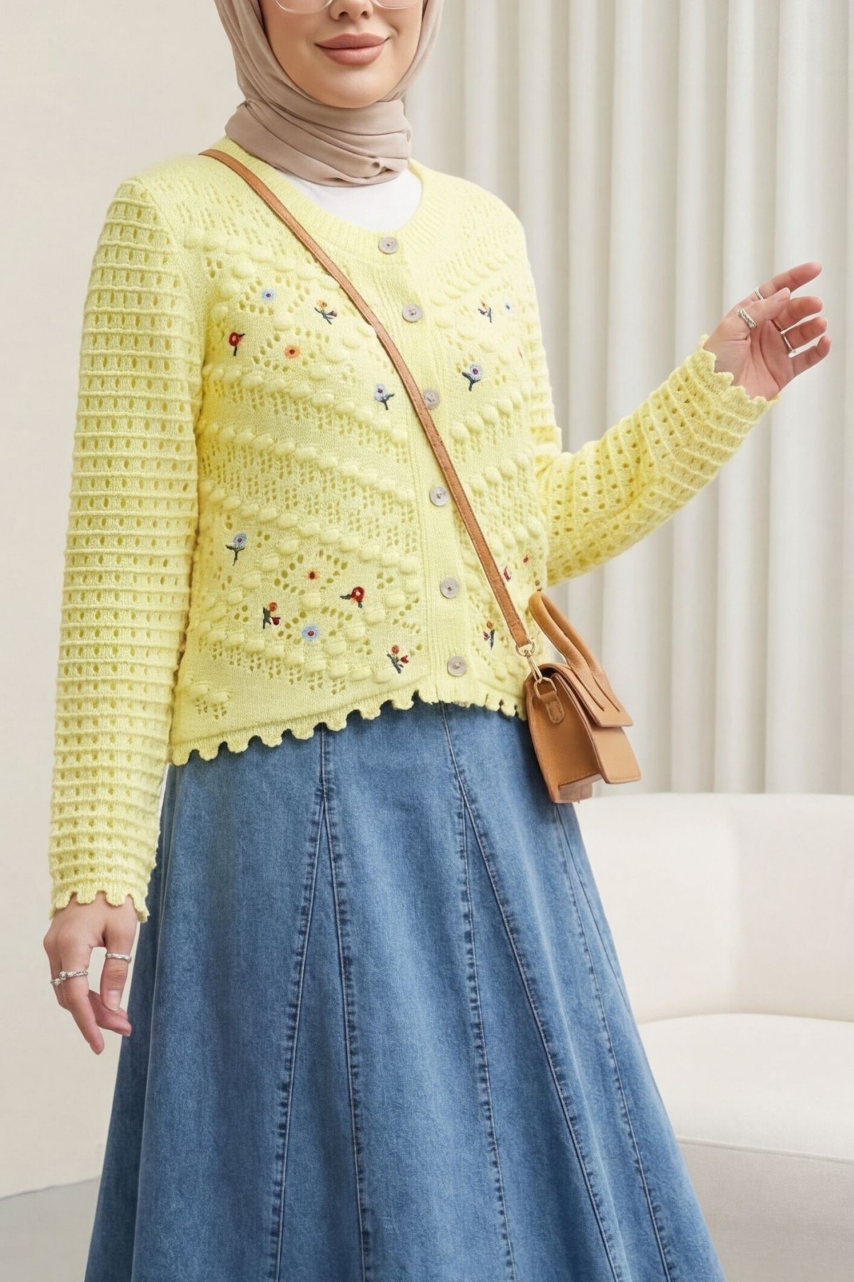 Floral Embroidered Pompom Openwork Knitted Cardigan       -Light yellow