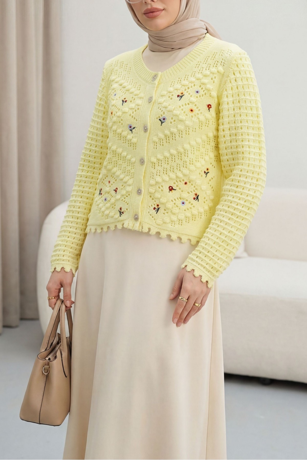 Floral Embroidered Pompom Openwork Knitted Cardigan       -Light yellow