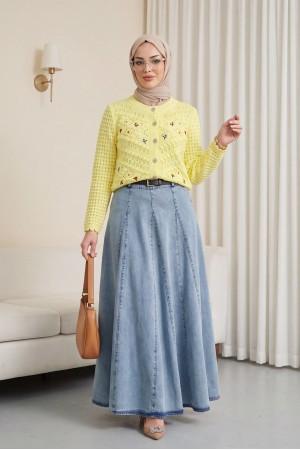 Çiçek Nakışlı Ponponlu Ajurlu Triko Hırka       -Açık Sarı