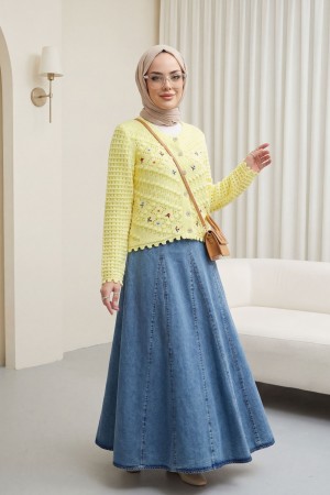 Çiçek Nakışlı Ponponlu Ajurlu Triko Hırka       -Açık Sarı