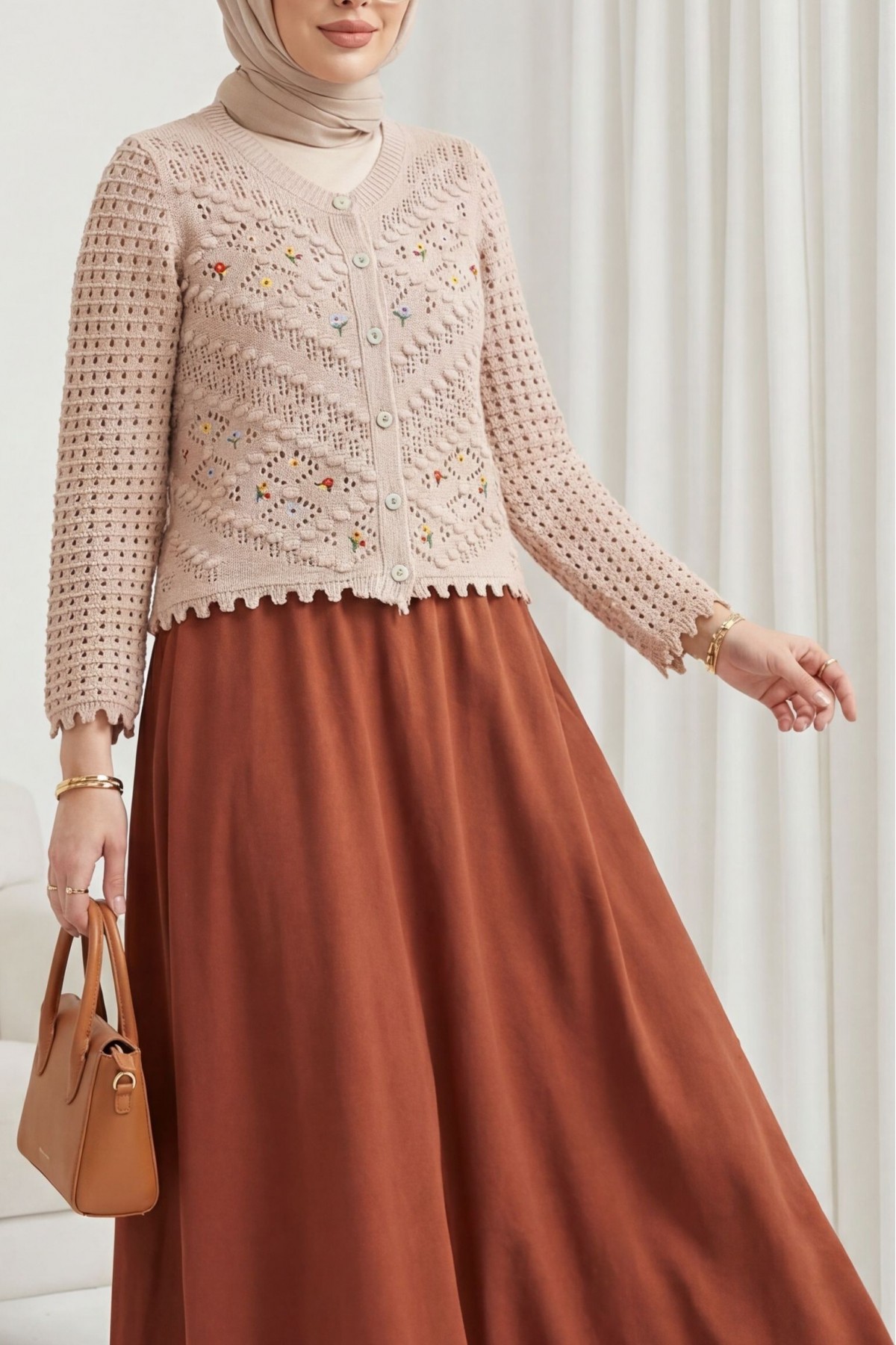 Floral Embroidered Pompom Openwork Knitted Cardigan       -Powder