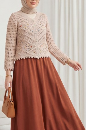 Çiçek Nakışlı Ponponlu Ajurlu Triko Hırka       -Pudra