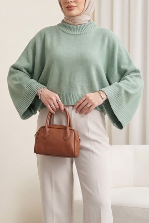 Yarım Boğazlı Yarasa Kol Etek Üstü Triko Kazak   -Mint