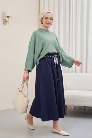 Yarım Boğazlı Yarasa Kol Etek Üstü Triko Kazak   -Mint