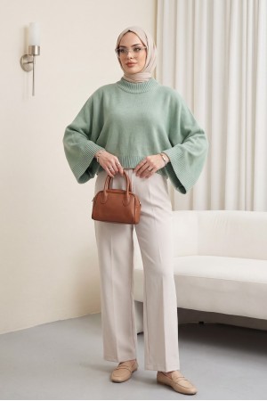Yarım Boğazlı Yarasa Kol Etek Üstü Triko Kazak   -Mint
