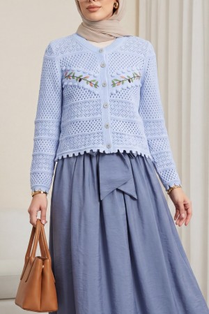 Düğmeli Önü Nakışlı Ajurlu Triko Hırka   -Bebe Mavi