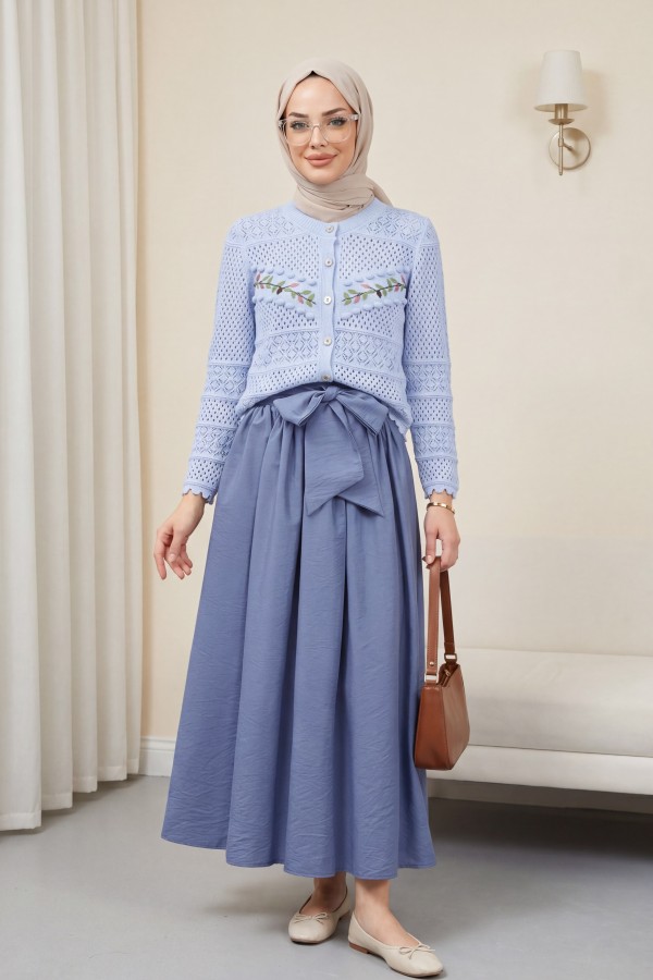 Buttoned Front Embroidered Openwork Knit Cardigan   -Baby Blue