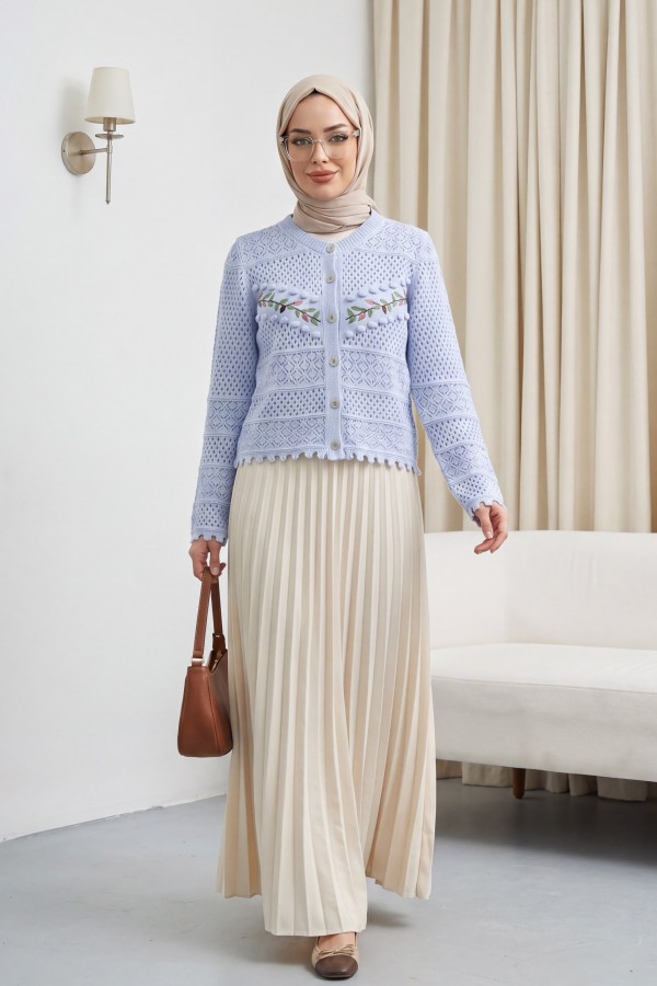 Buttoned Front Embroidered Openwork Knit Cardigan   -Baby Blue