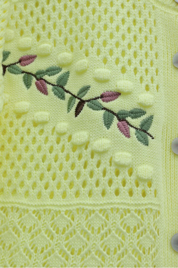 Buttoned Front Embroidered Openwork Knit Cardigan   -Yellow