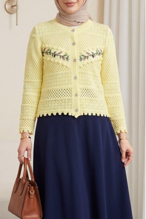 Düğmeli Önü Nakışlı Ajurlu Triko Hırka   -Sarı