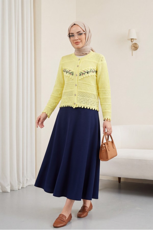 Buttoned Front Embroidered Openwork Knit Cardigan   -Yellow