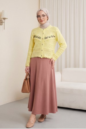 Düğmeli Önü Nakışlı Ajurlu Triko Hırka   -Sarı