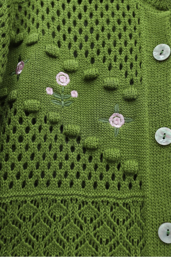 Knitted Cardigan with Floral Embroidery, Pom   -Khaki