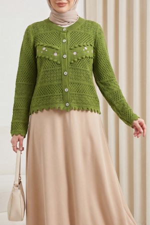 Önü Çiçek Nakışlı Ponponlu Düğmeli Triko Hırka    -Haki