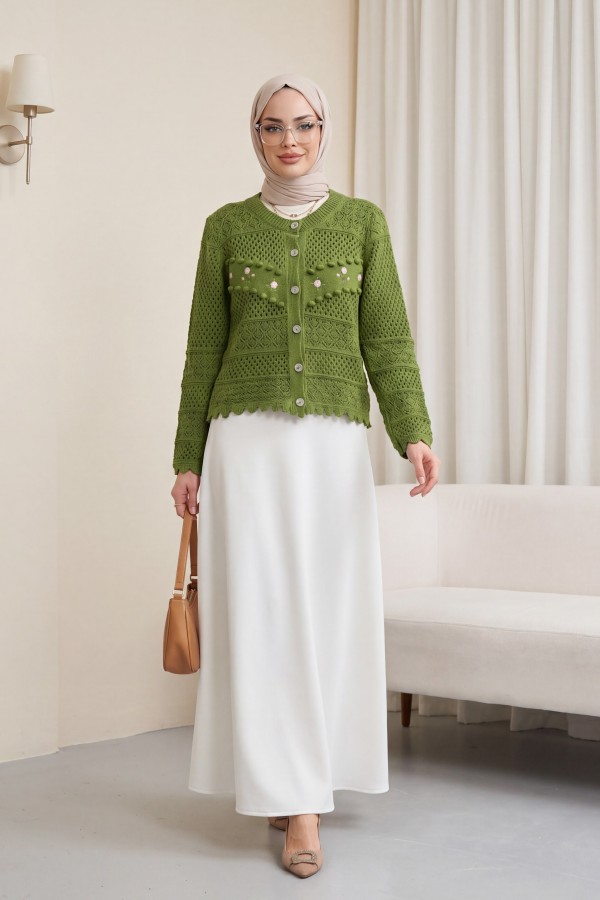 Knitted Cardigan with Floral Embroidery, Pom   -Khaki