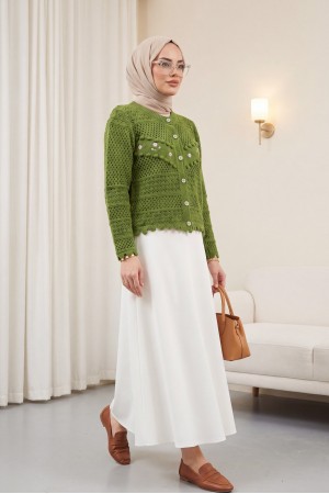 Önü Çiçek Nakışlı Ponponlu Düğmeli Triko Hırka    -Haki