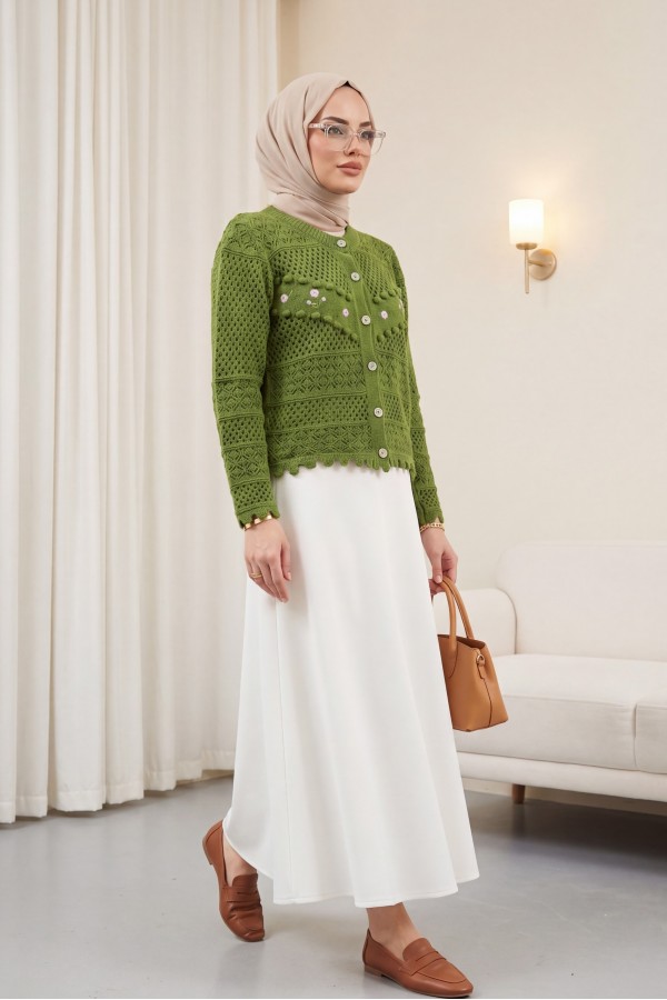 Knitted Cardigan with Floral Embroidery, Pom   -Khaki