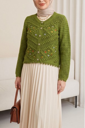 Çiçek Nakışlı Ponponlu Ajurlu Triko Hırka        -Haki