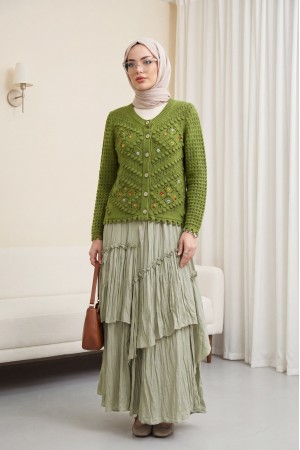 Çiçek Nakışlı Ponponlu Ajurlu Triko Hırka        -Haki