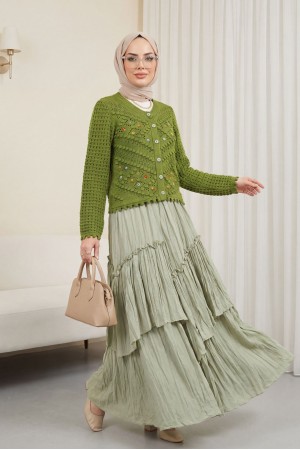 Çiçek Nakışlı Ponponlu Ajurlu Triko Hırka        -Haki