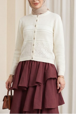 Yuvarlak Yaka Ajurlu Düğmeli Triko Hırka  -Beyaz