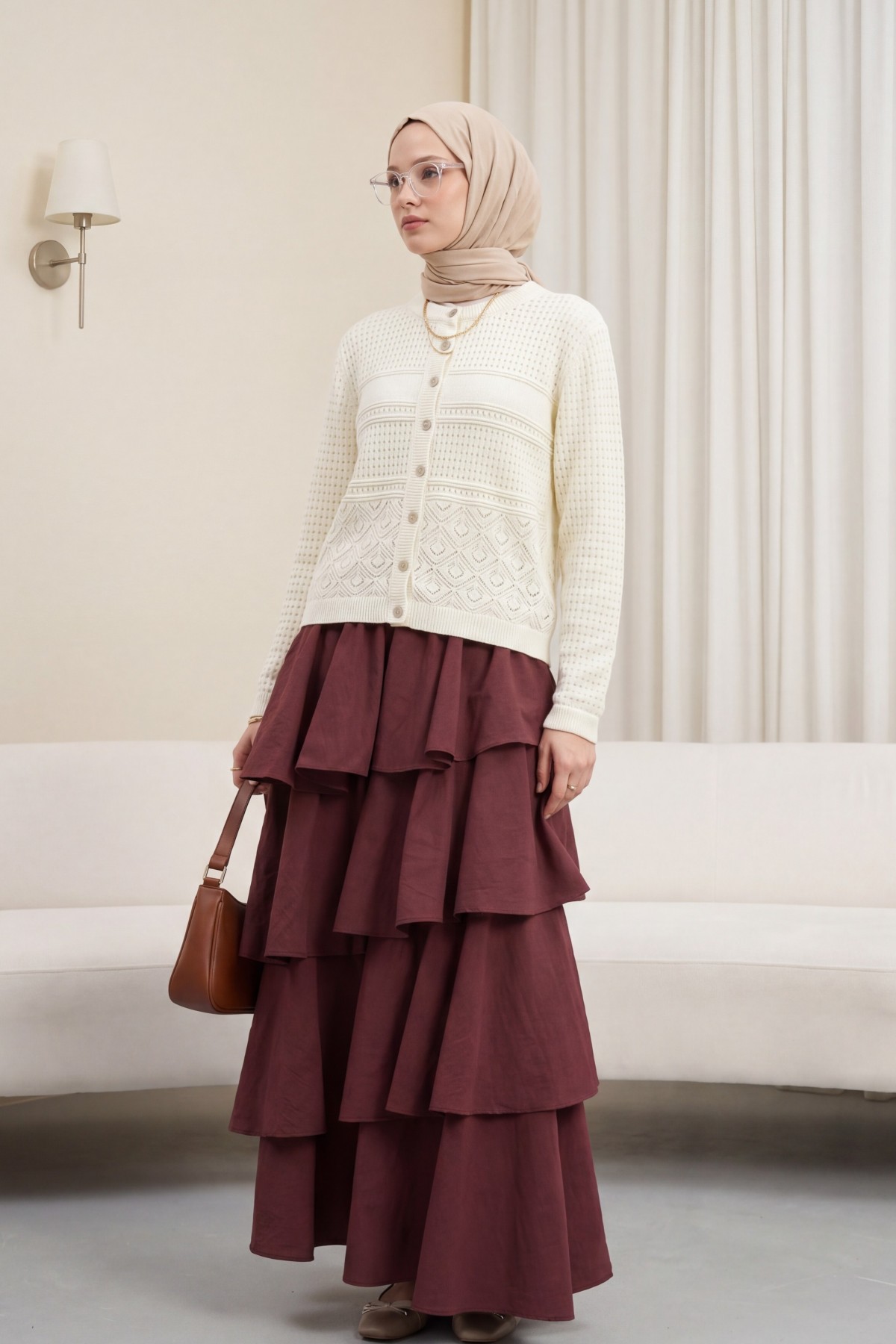Round Neck Openwork Buttoned Knit Cardigan -White
