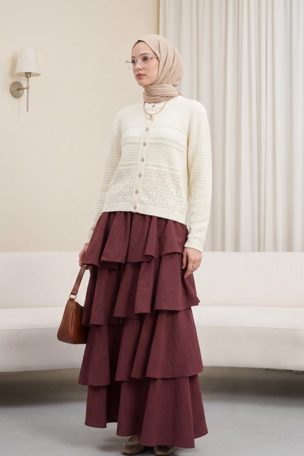 Round Neck Openwork Buttoned Knit Cardigan -White