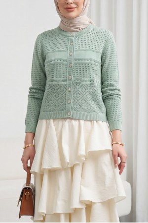 Yuvarlak Yaka Ajurlu Düğmeli Triko Hırka  -Mint