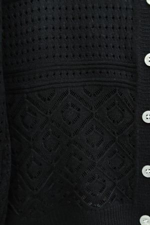 Yuvarlak Yaka Ajurlu Düğmeli Triko Hırka  -Siyah