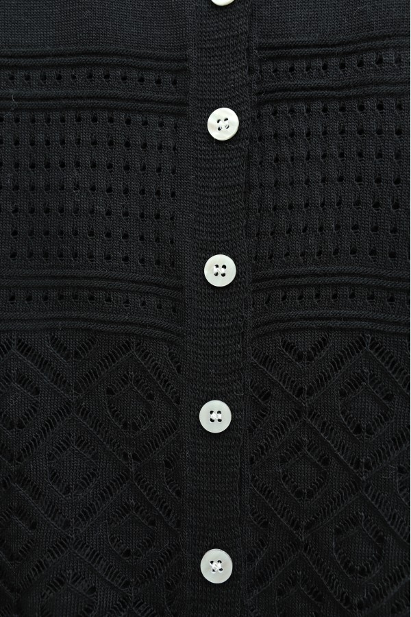 Round Neck Openwork Buttoned Knit Cardigan -Black