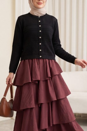 Yuvarlak Yaka Ajurlu Düğmeli Triko Hırka  -Siyah