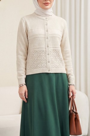 Yuvarlak Yaka Ajurlu Düğmeli Triko Hırka  -Taş