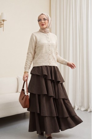 Yuvarlak Yaka Ajurlu Düğmeli Triko Hırka  -Taş