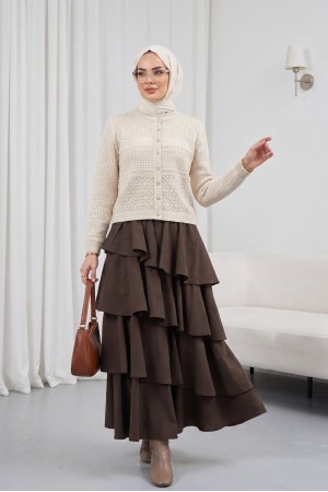 Yuvarlak Yaka Ajurlu Düğmeli Triko Hırka  -Taş