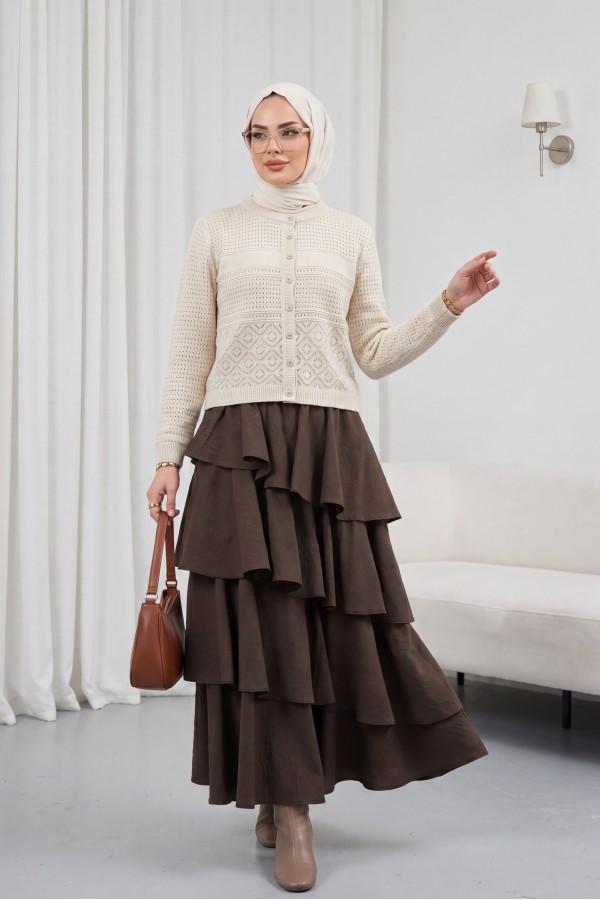 Round Neck Openwork Buttoned Knit Cardigan -Stone