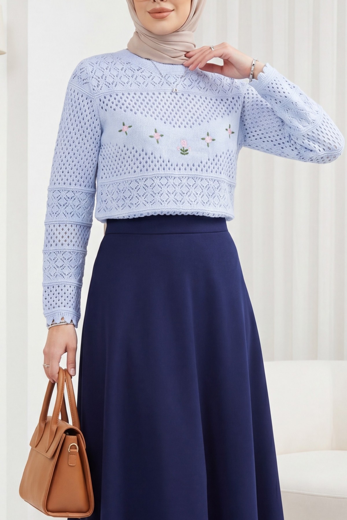 Knitted Sweater with Floral Embroidery and Openwork Pattern -Baby Blue